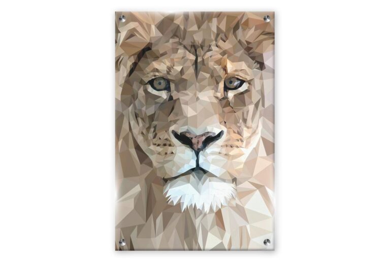 פורטרט גאומטרי של ראש אריה בעיצוב low poly. Weprint תמונות זכוכית.